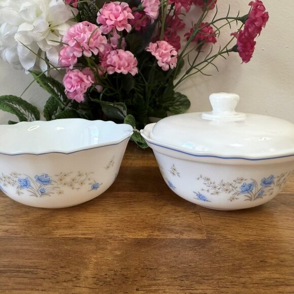 Arcopal France Romantique Scalloped White Glass Bowls With Blue Floral Design - Picture 1 of 10